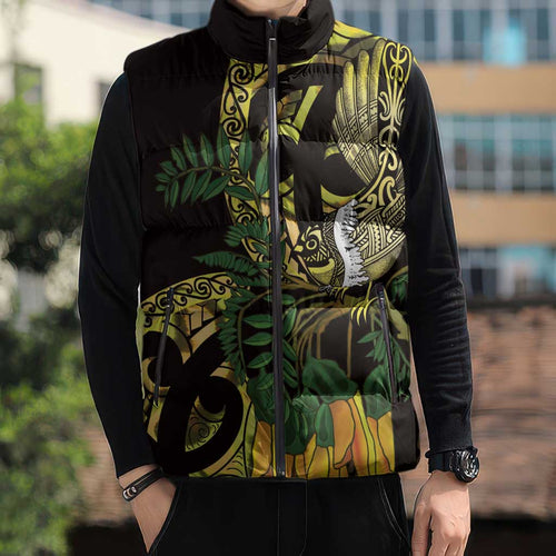 Yellow New Zealand Kowhai And Piwakawaka Sleeveless Puffer Jacket Maori Ngaru Paua Shell - Aussie Hoodie