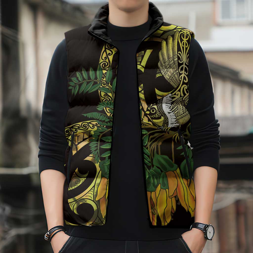 Yellow New Zealand Kowhai And Piwakawaka Sleeveless Puffer Jacket Maori Ngaru Paua Shell - Aussie Hoodie