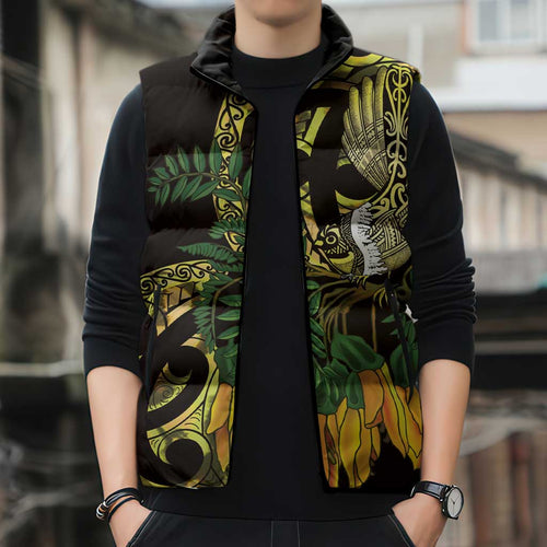 Yellow New Zealand Kowhai And Piwakawaka Sleeveless Puffer Jacket Maori Ngaru Paua Shell - Aussie Hoodie