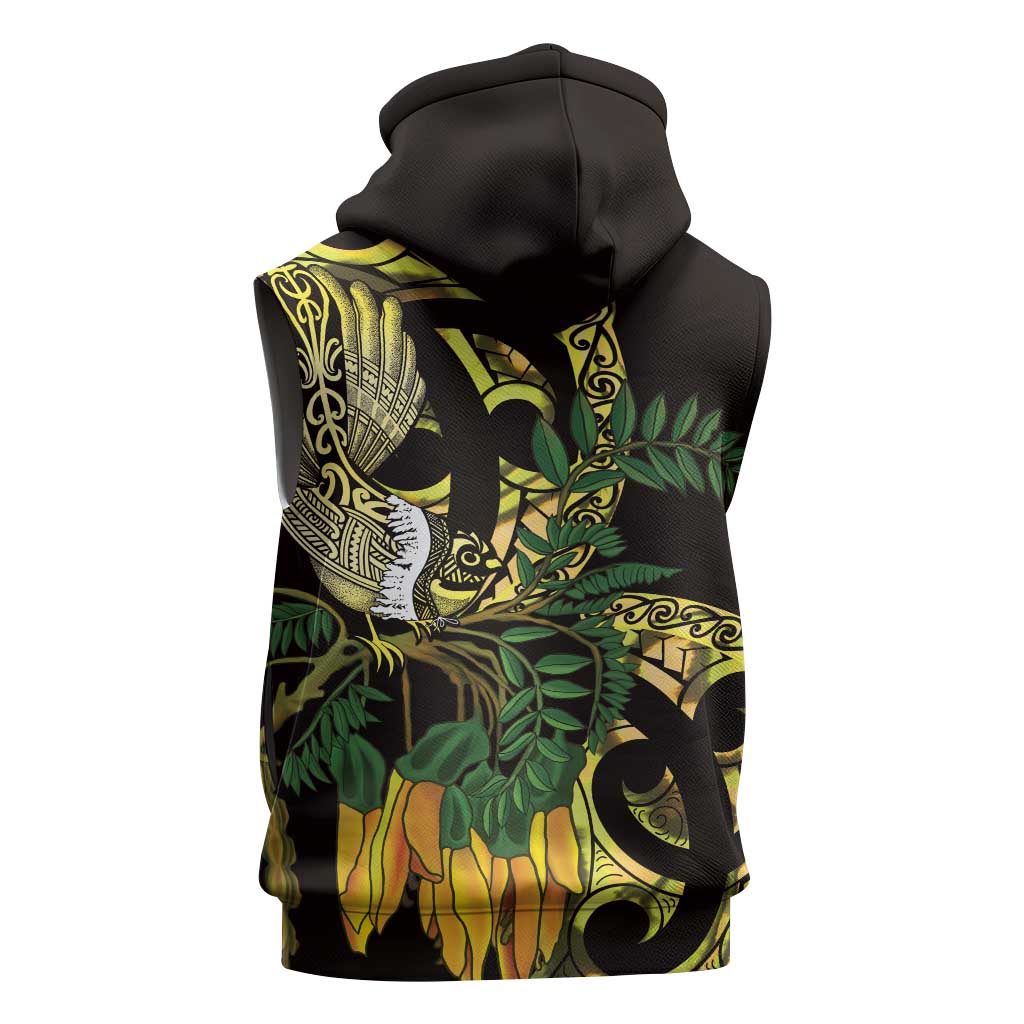 Yellow New Zealand Kowhai And Piwakawaka Sleeveless Zip Hoodie Maori Ngaru Paua Shell LT14