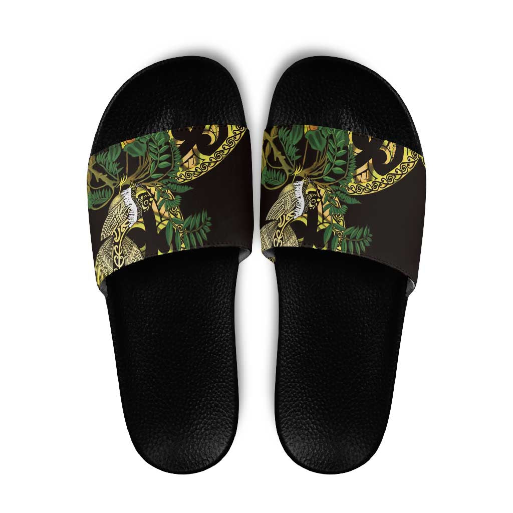 Yellow New Zealand Kowhai And Piwakawaka Slide Sandals Maori Ngaru Paua Shell - Aussie Hoodie