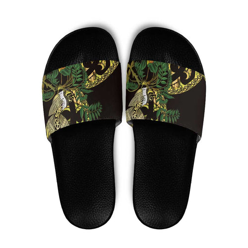 Yellow New Zealand Kowhai And Piwakawaka Slide Sandals Maori Ngaru Paua Shell - Aussie Hoodie