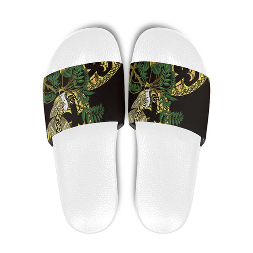 Yellow New Zealand Kowhai And Piwakawaka Slide Sandals Maori Ngaru Paua Shell - Aussie Hoodie