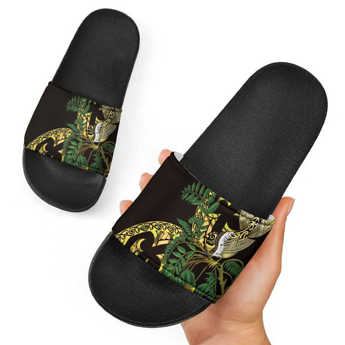 Yellow New Zealand Kowhai And Piwakawaka Slide Sandals Maori Ngaru Paua Shell - Aussie Hoodie