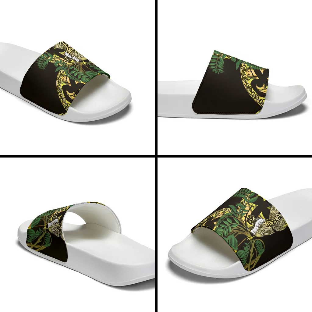 Yellow New Zealand Kowhai And Piwakawaka Slide Sandals Maori Ngaru Paua Shell - Aussie Hoodie