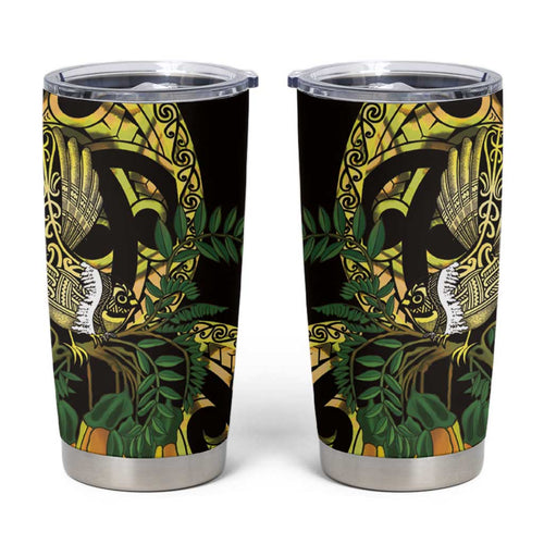 Yellow New Zealand Kowhai And Piwakawaka Tumbler Cup Maori Ngaru Paua Shell