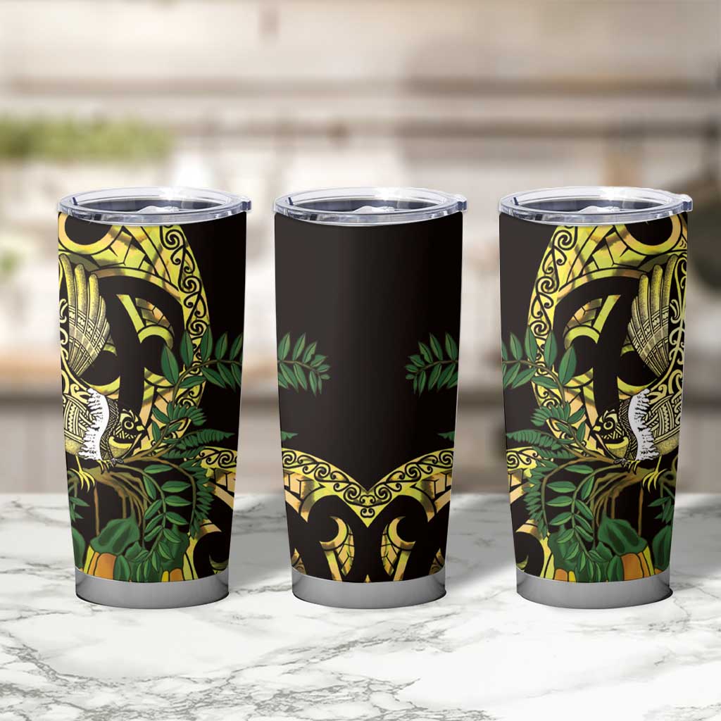 Yellow New Zealand Kowhai And Piwakawaka Tumbler Cup Maori Ngaru Paua Shell