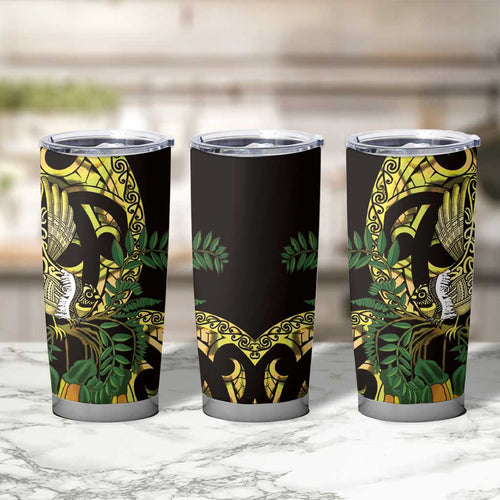 Yellow New Zealand Kowhai And Piwakawaka Tumbler Cup Maori Ngaru Paua Shell