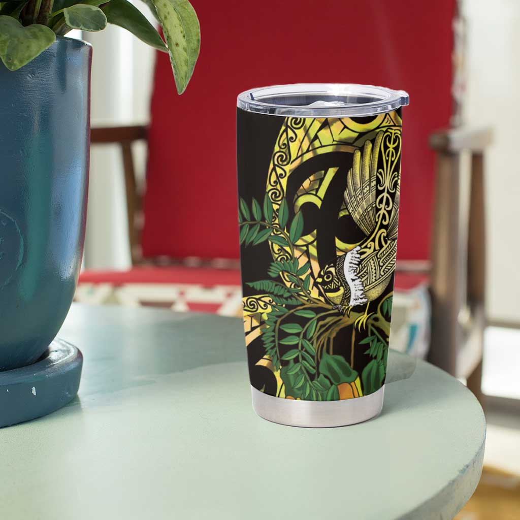 Yellow New Zealand Kowhai And Piwakawaka Tumbler Cup Maori Ngaru Paua Shell