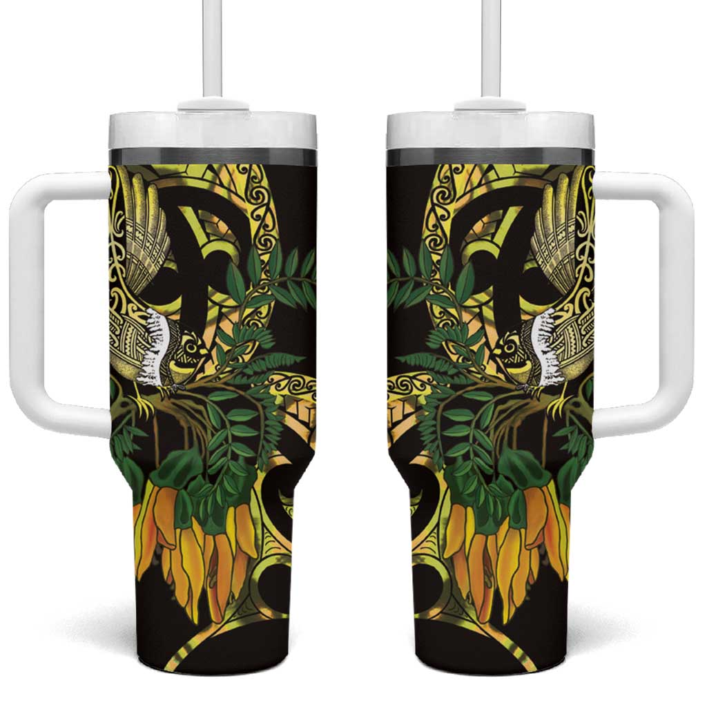 Yellow New Zealand Kowhai And Piwakawaka Tumbler With Handle Maori Ngaru Paua Shell