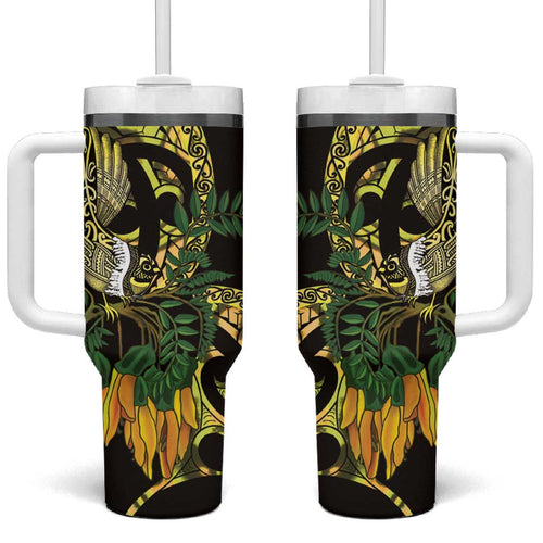 Yellow New Zealand Kowhai And Piwakawaka Tumbler With Handle Maori Ngaru Paua Shell