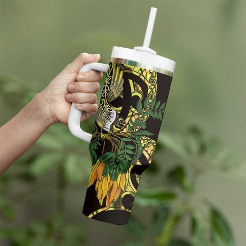 Yellow New Zealand Kowhai And Piwakawaka Tumbler With Handle Maori Ngaru Paua Shell