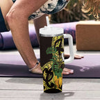 Yellow New Zealand Kowhai And Piwakawaka Tumbler With Handle Maori Ngaru Paua Shell