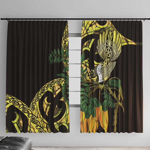 Yellow New Zealand Kowhai And Piwakawaka Window Curtain Maori Ngaru Paua Shell