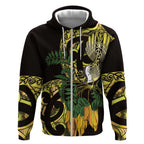 Yellow New Zealand Kowhai And Piwakawaka Zip Hoodie Maori Ngaru Paua Shell