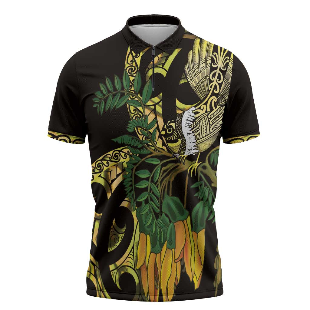 Yellow New Zealand Kowhai And Piwakawaka Zipper Polo Shirt Maori Ngaru Paua Shell - Aussie Hoodie