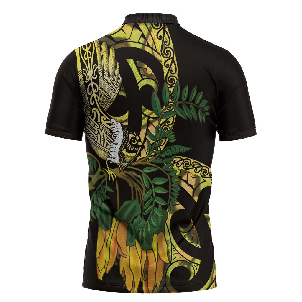 Yellow New Zealand Kowhai And Piwakawaka Zipper Polo Shirt Maori Ngaru Paua Shell - Aussie Hoodie