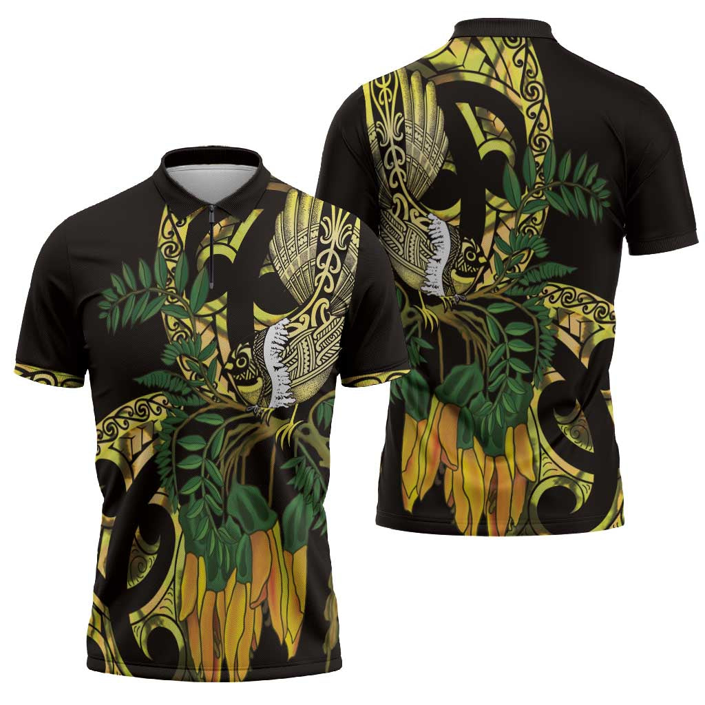 Yellow New Zealand Kowhai And Piwakawaka Zipper Polo Shirt Maori Ngaru Paua Shell - Aussie Hoodie