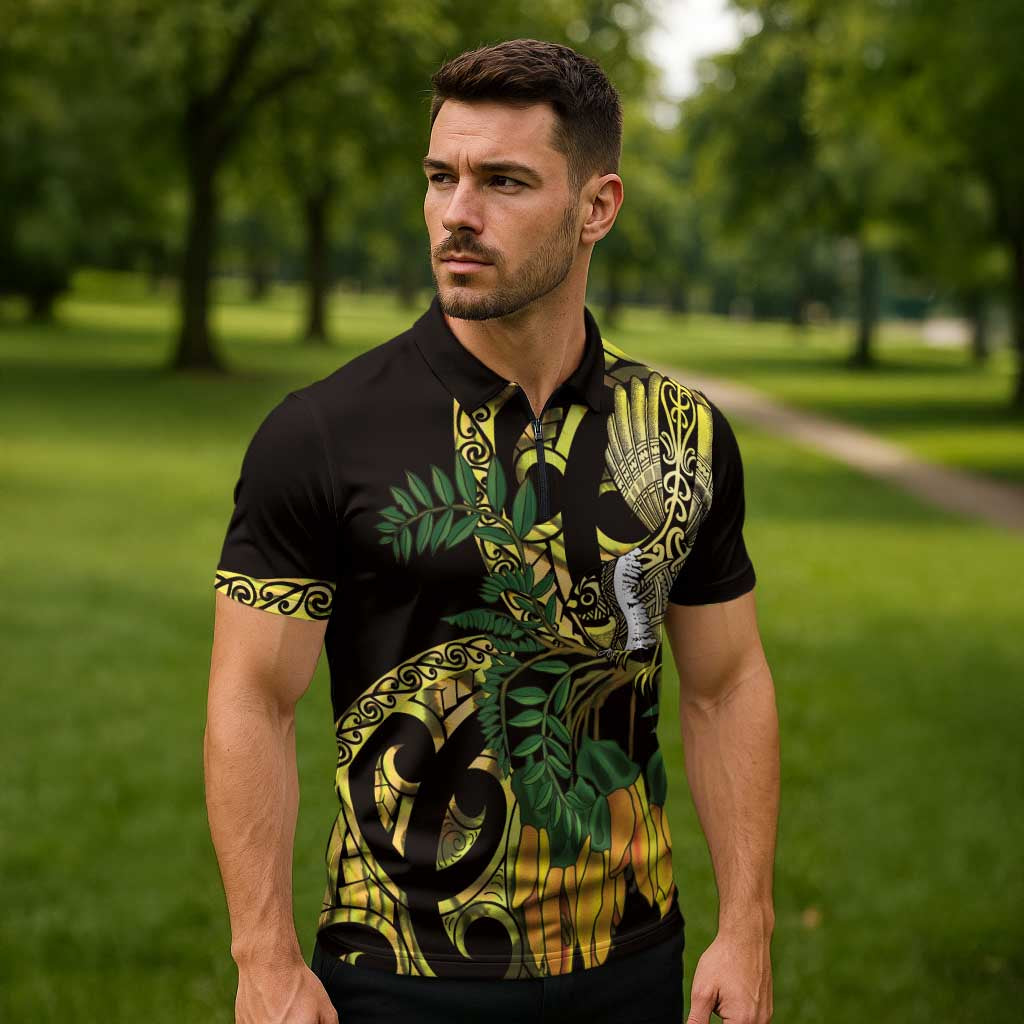 Yellow New Zealand Kowhai And Piwakawaka Zipper Polo Shirt Maori Ngaru Paua Shell - Aussie Hoodie