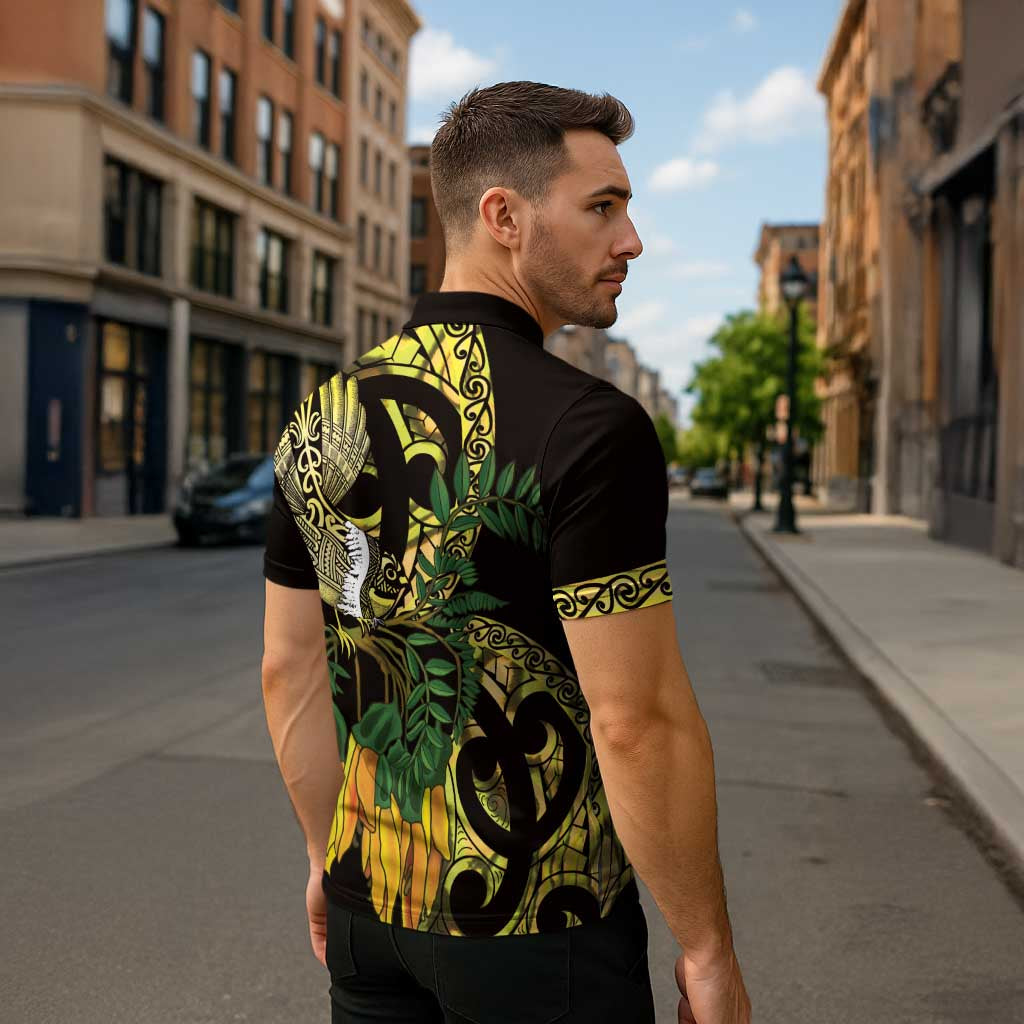 Yellow New Zealand Kowhai And Piwakawaka Zipper Polo Shirt Maori Ngaru Paua Shell - Aussie Hoodie