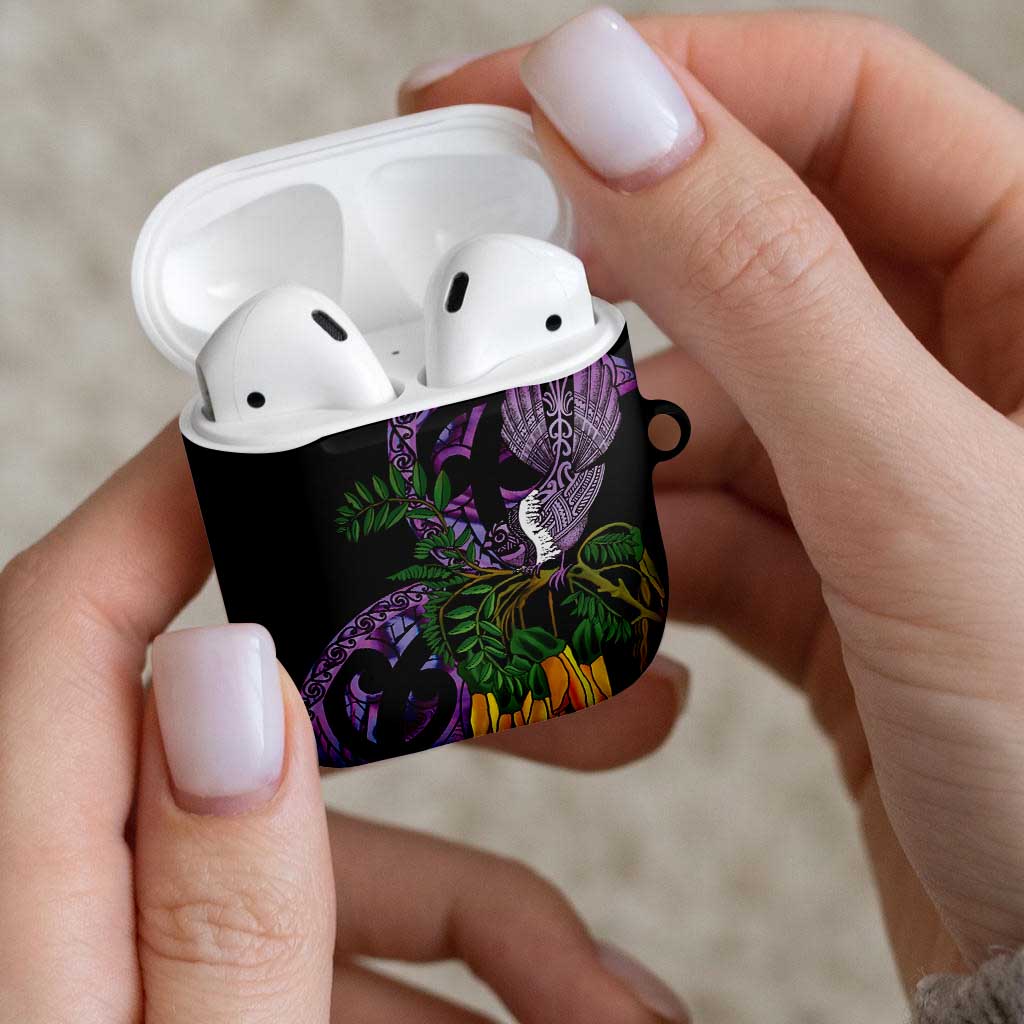 Purple New Zealand Kowhai And Piwakawaka AirPods Case Maori Ngaru Paua Shell - Aussie Hoodie