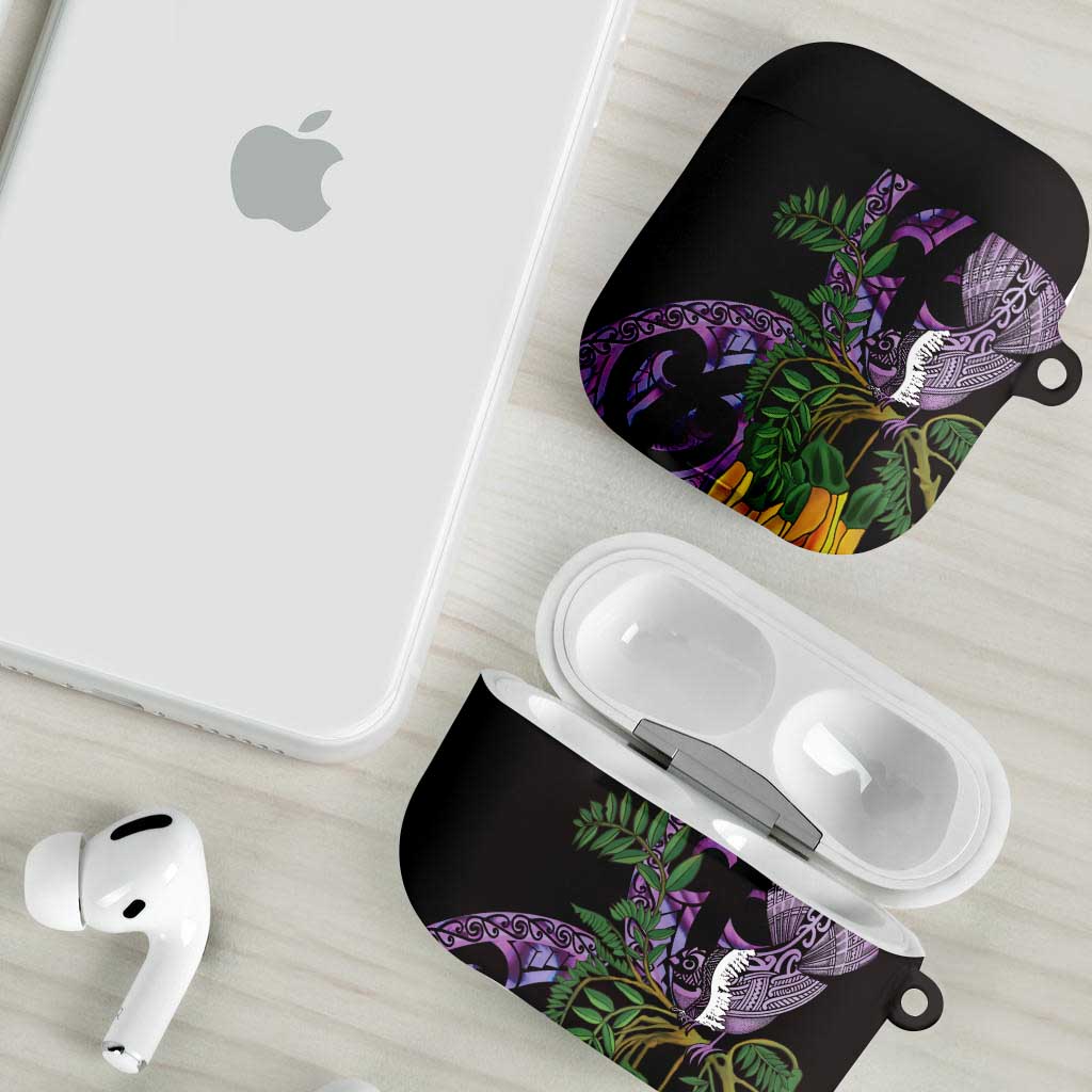 Purple New Zealand Kowhai And Piwakawaka AirPods Case Maori Ngaru Paua Shell - Aussie Hoodie
