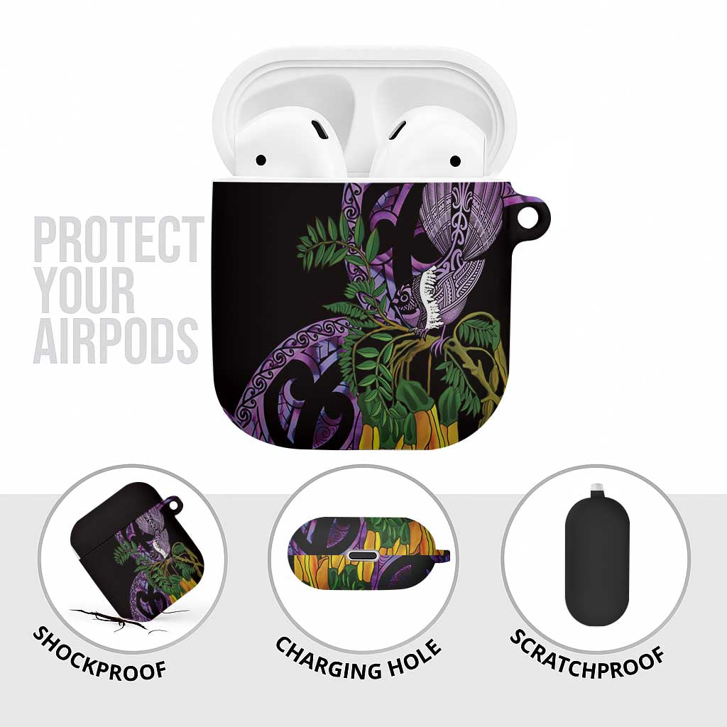 Purple New Zealand Kowhai And Piwakawaka AirPods Case Maori Ngaru Paua Shell - Aussie Hoodie