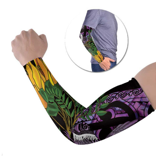 Purple New Zealand Kowhai And Piwakawaka Arm Sleeves Maori Ngaru Paua Shell - Aussie Hoodie