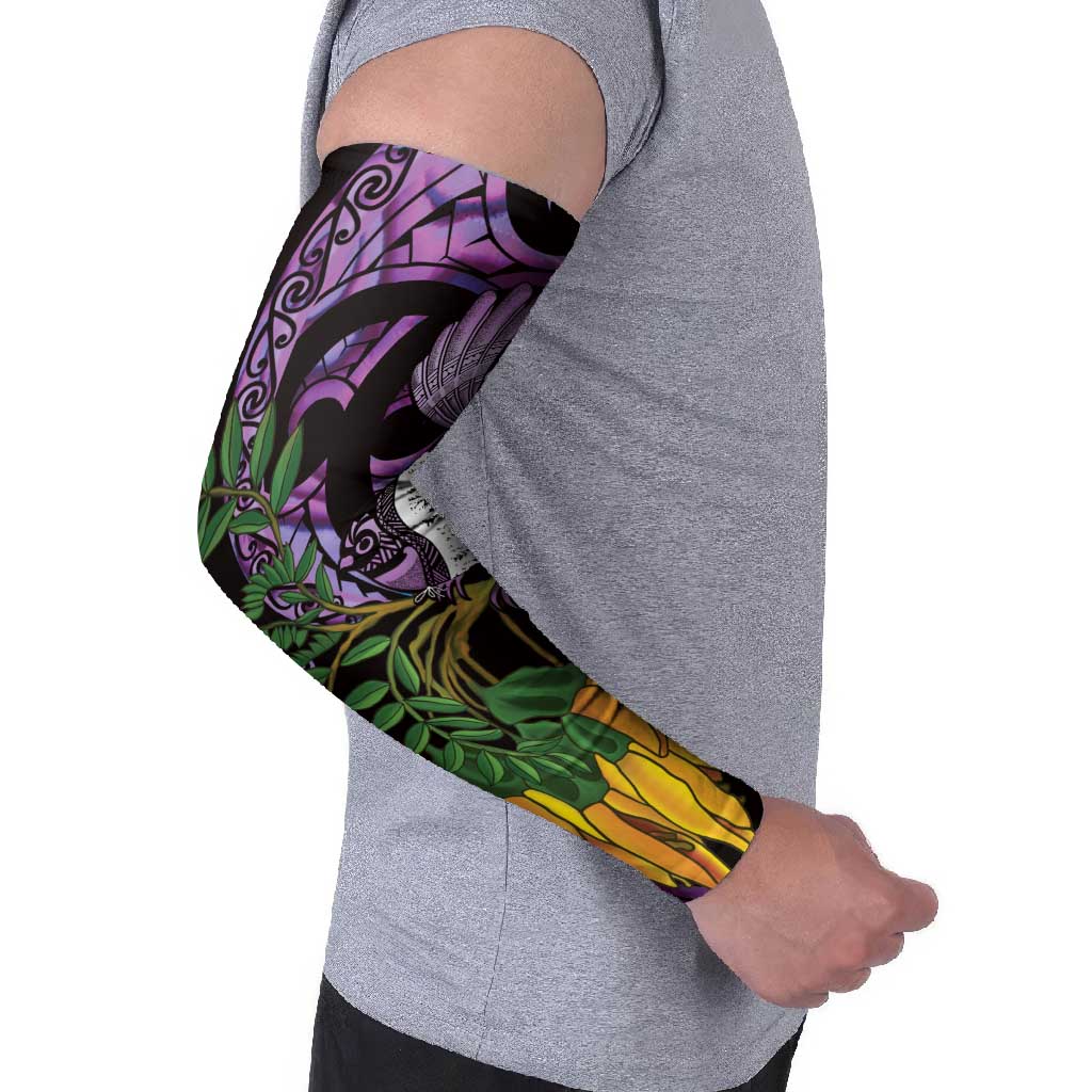 Purple New Zealand Kowhai And Piwakawaka Arm Sleeves Maori Ngaru Paua Shell - Aussie Hoodie