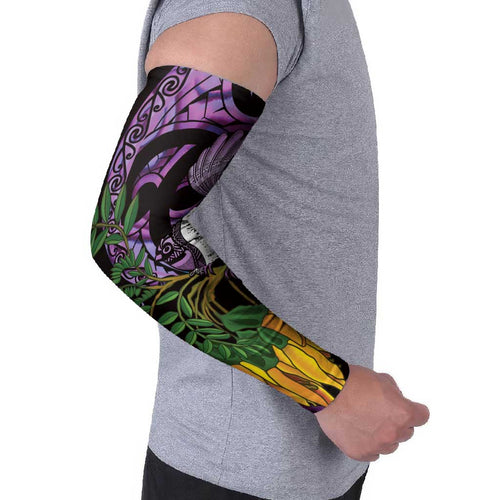 Purple New Zealand Kowhai And Piwakawaka Arm Sleeves Maori Ngaru Paua Shell - Aussie Hoodie
