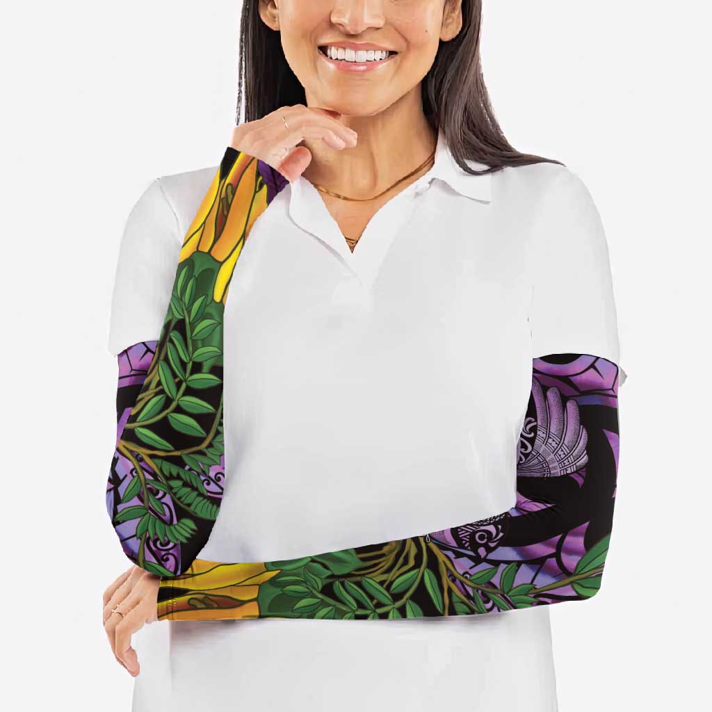 Purple New Zealand Kowhai And Piwakawaka Arm Sleeves Maori Ngaru Paua Shell - Aussie Hoodie