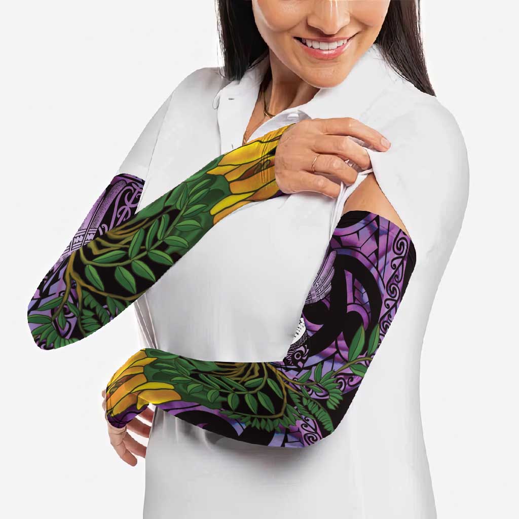 Purple New Zealand Kowhai And Piwakawaka Arm Sleeves Maori Ngaru Paua Shell - Aussie Hoodie