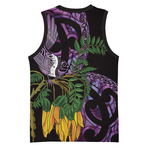 Purple New Zealand Kowhai And Piwakawaka Basketball Jersey Maori Ngaru Paua Shell - Aussie Hoodie