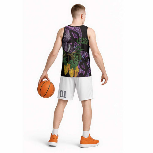 Purple New Zealand Kowhai And Piwakawaka Basketball Jersey Maori Ngaru Paua Shell - Aussie Hoodie