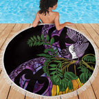Purple New Zealand Kowhai And Piwakawaka Beach Blanket Maori Ngaru Paua Shell
