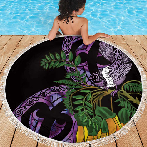 Purple New Zealand Kowhai And Piwakawaka Beach Blanket Maori Ngaru Paua Shell