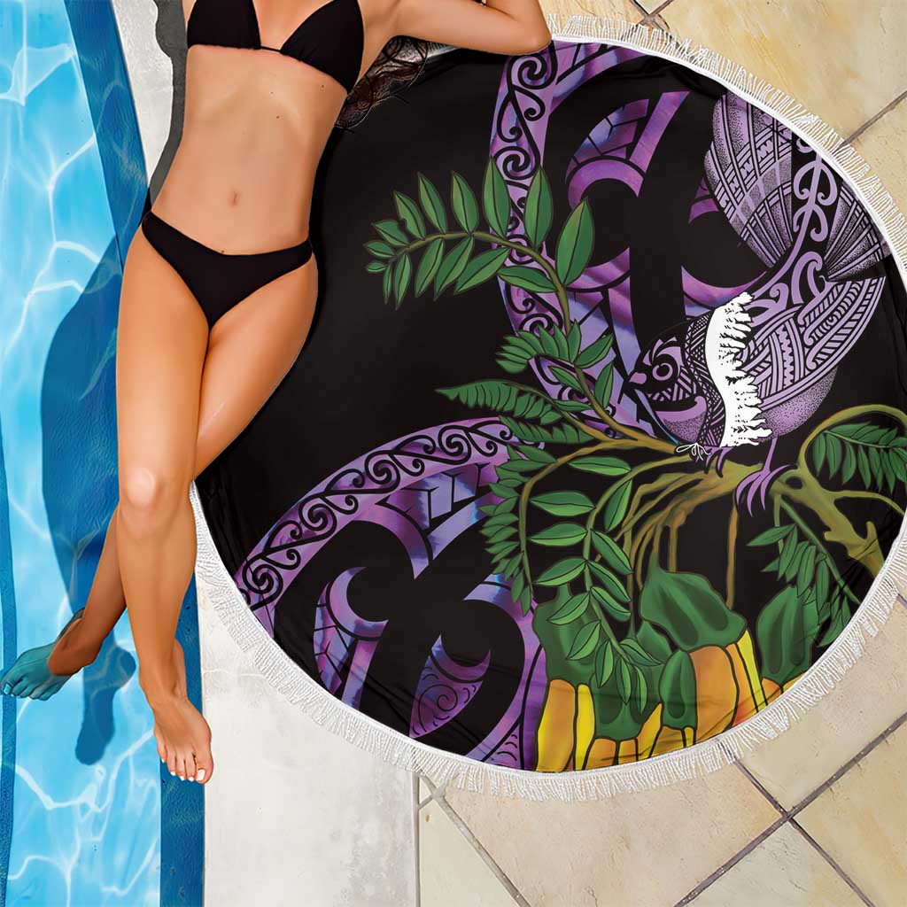 Purple New Zealand Kowhai And Piwakawaka Beach Blanket Maori Ngaru Paua Shell