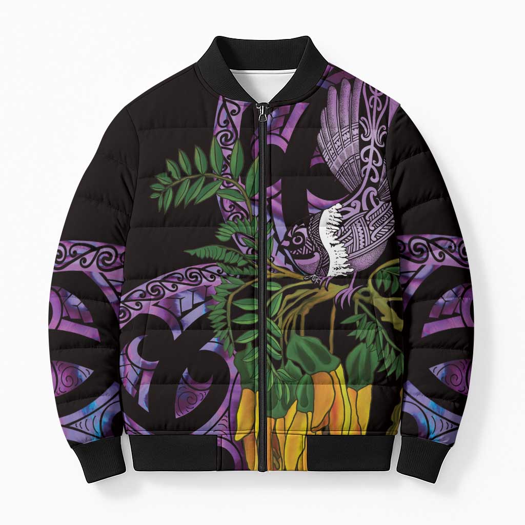 Purple New Zealand Kowhai And Piwakawaka Bomber Puffer Jacket Maori Ngaru Paua Shell - Aussie Hoodie
