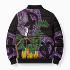 Purple New Zealand Kowhai And Piwakawaka Bomber Puffer Jacket Maori Ngaru Paua Shell - Aussie Hoodie
