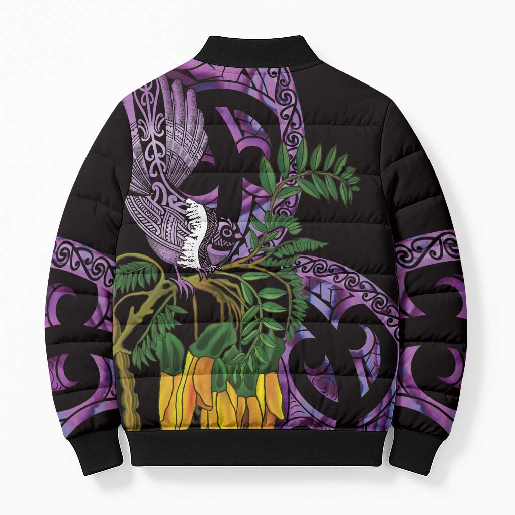 Purple New Zealand Kowhai And Piwakawaka Bomber Puffer Jacket Maori Ngaru Paua Shell - Aussie Hoodie