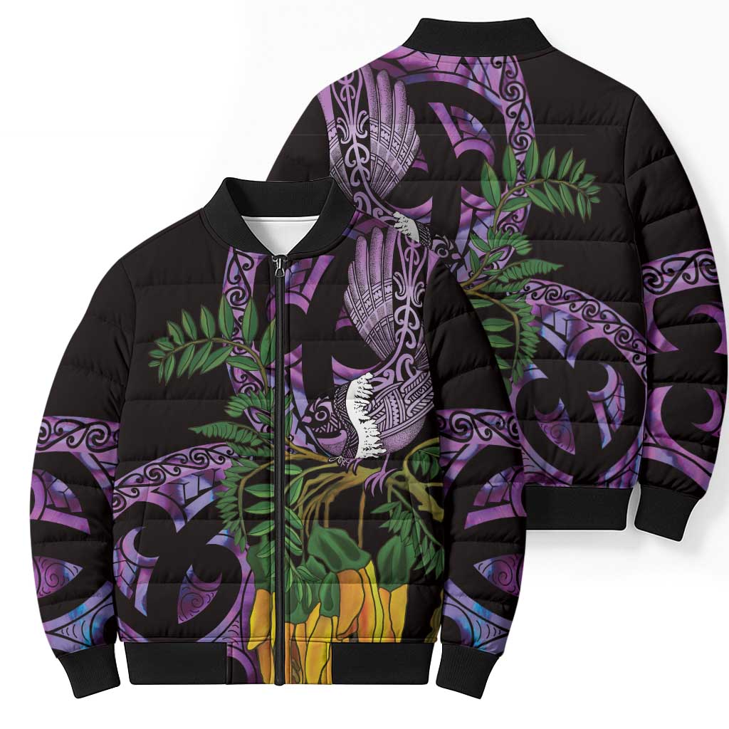 Purple New Zealand Kowhai And Piwakawaka Bomber Puffer Jacket Maori Ngaru Paua Shell - Aussie Hoodie
