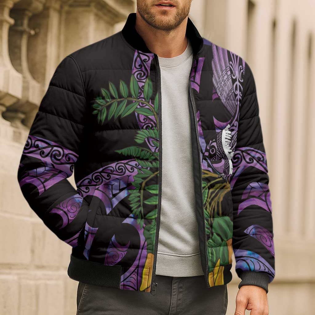 Purple New Zealand Kowhai And Piwakawaka Bomber Puffer Jacket Maori Ngaru Paua Shell - Aussie Hoodie