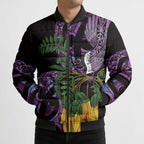Purple New Zealand Kowhai And Piwakawaka Bomber Puffer Jacket Maori Ngaru Paua Shell - Aussie Hoodie