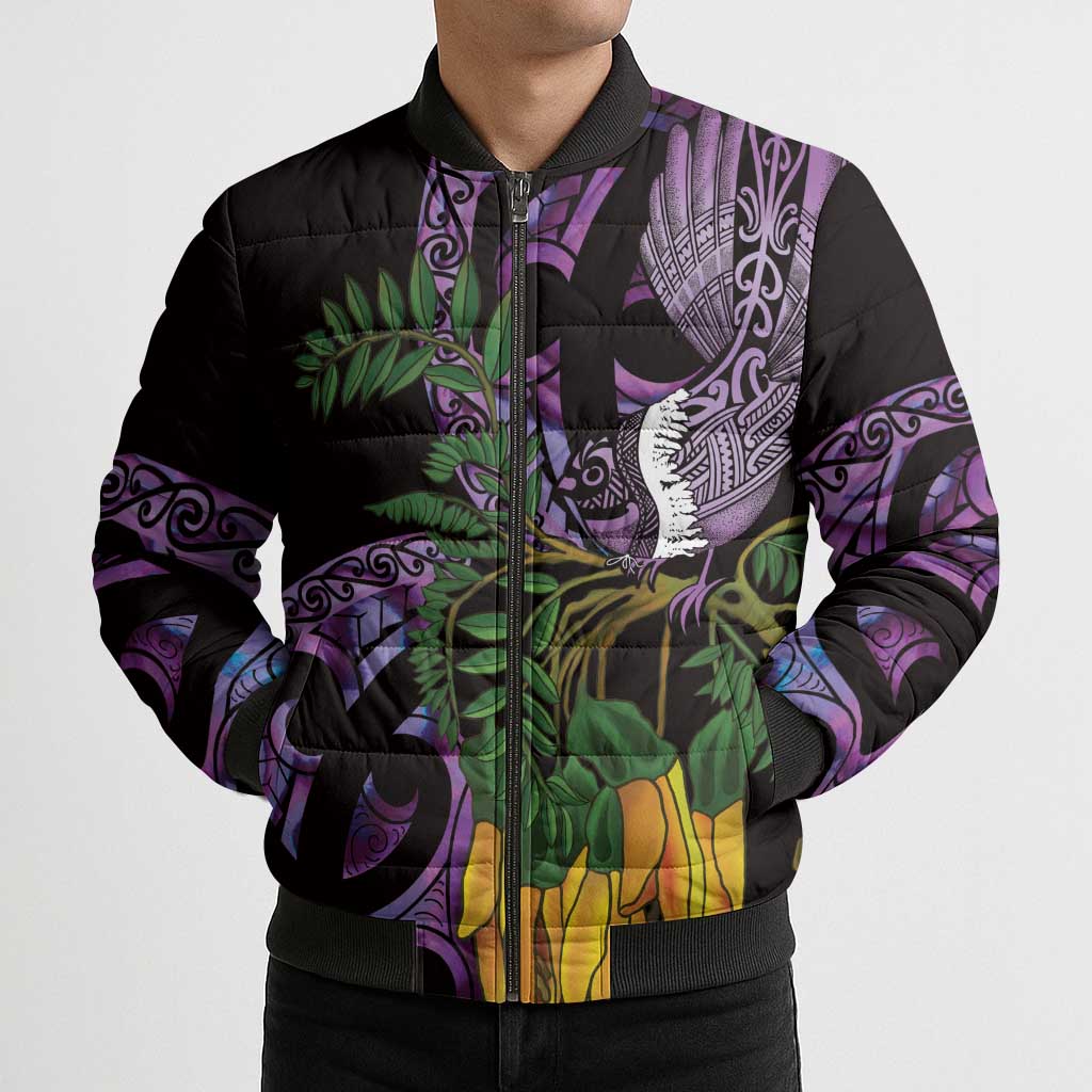 Purple New Zealand Kowhai And Piwakawaka Bomber Puffer Jacket Maori Ngaru Paua Shell - Aussie Hoodie