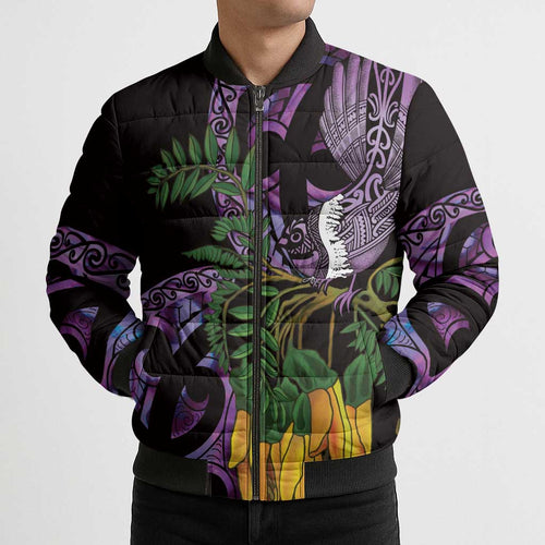 Purple New Zealand Kowhai And Piwakawaka Bomber Puffer Jacket Maori Ngaru Paua Shell - Aussie Hoodie