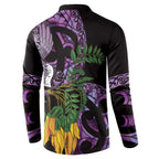 Purple New Zealand Kowhai And Piwakawaka Button Sweatshirt Maori Ngaru Paua Shell