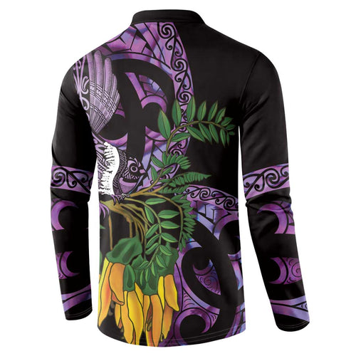 Purple New Zealand Kowhai And Piwakawaka Button Sweatshirt Maori Ngaru Paua Shell
