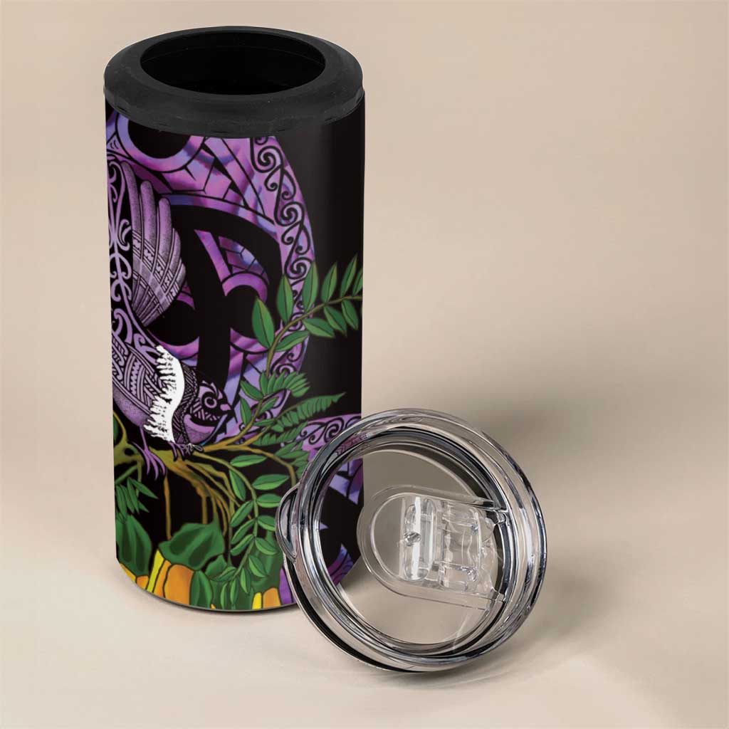 Purple New Zealand Kowhai And Piwakawaka 4 in 1 Can Cooler Tumbler Maori Ngaru Paua Shell