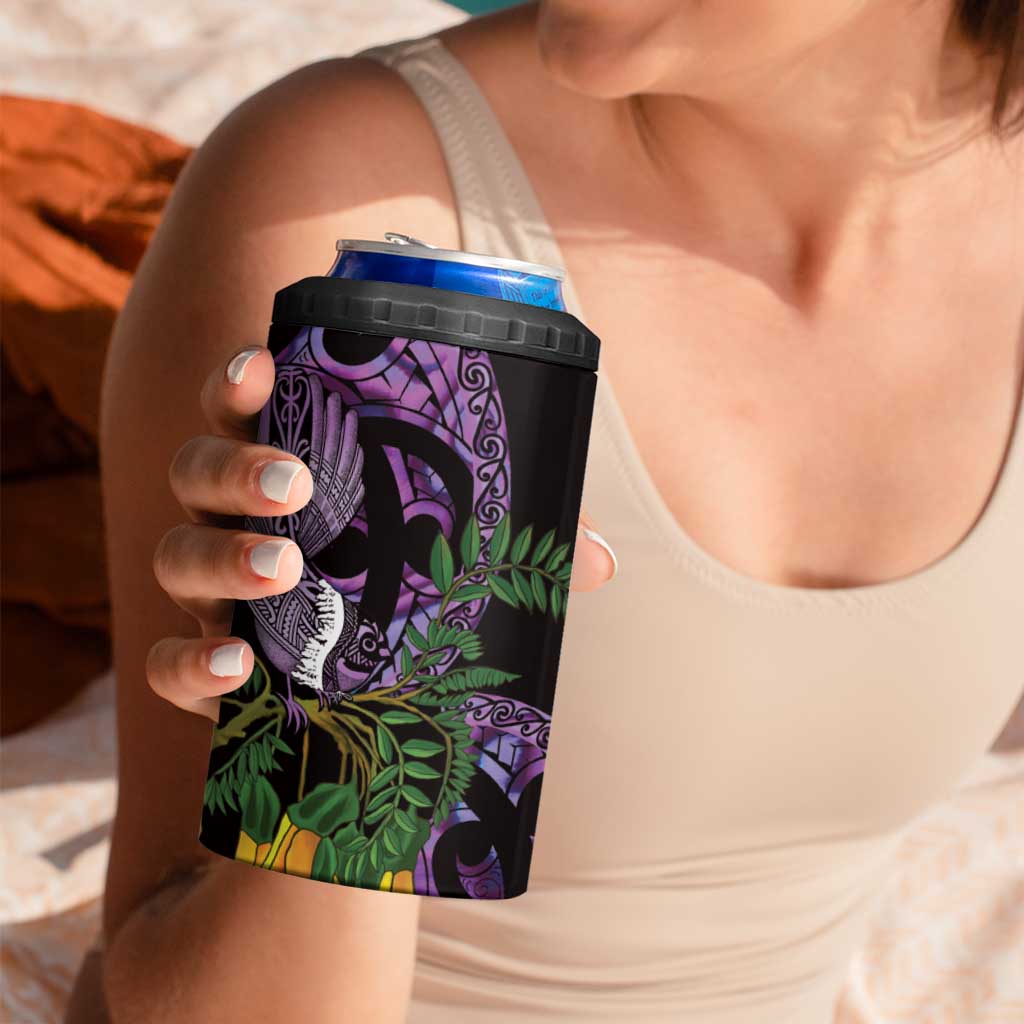 Purple New Zealand Kowhai And Piwakawaka 4 in 1 Can Cooler Tumbler Maori Ngaru Paua Shell