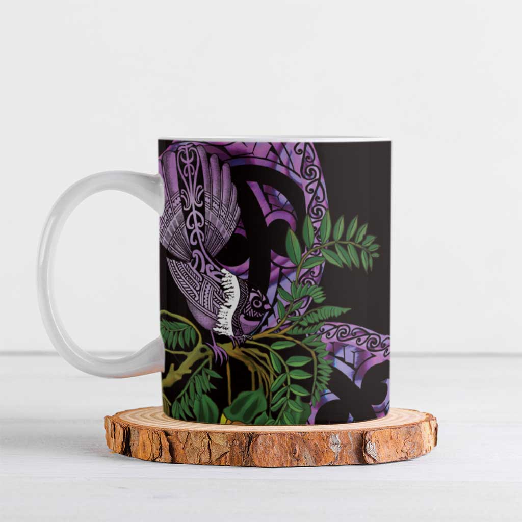 Purple New Zealand Kowhai And Piwakawaka Ceramic Mug Maori Ngaru Paua Shell - Aussie Hoodie
